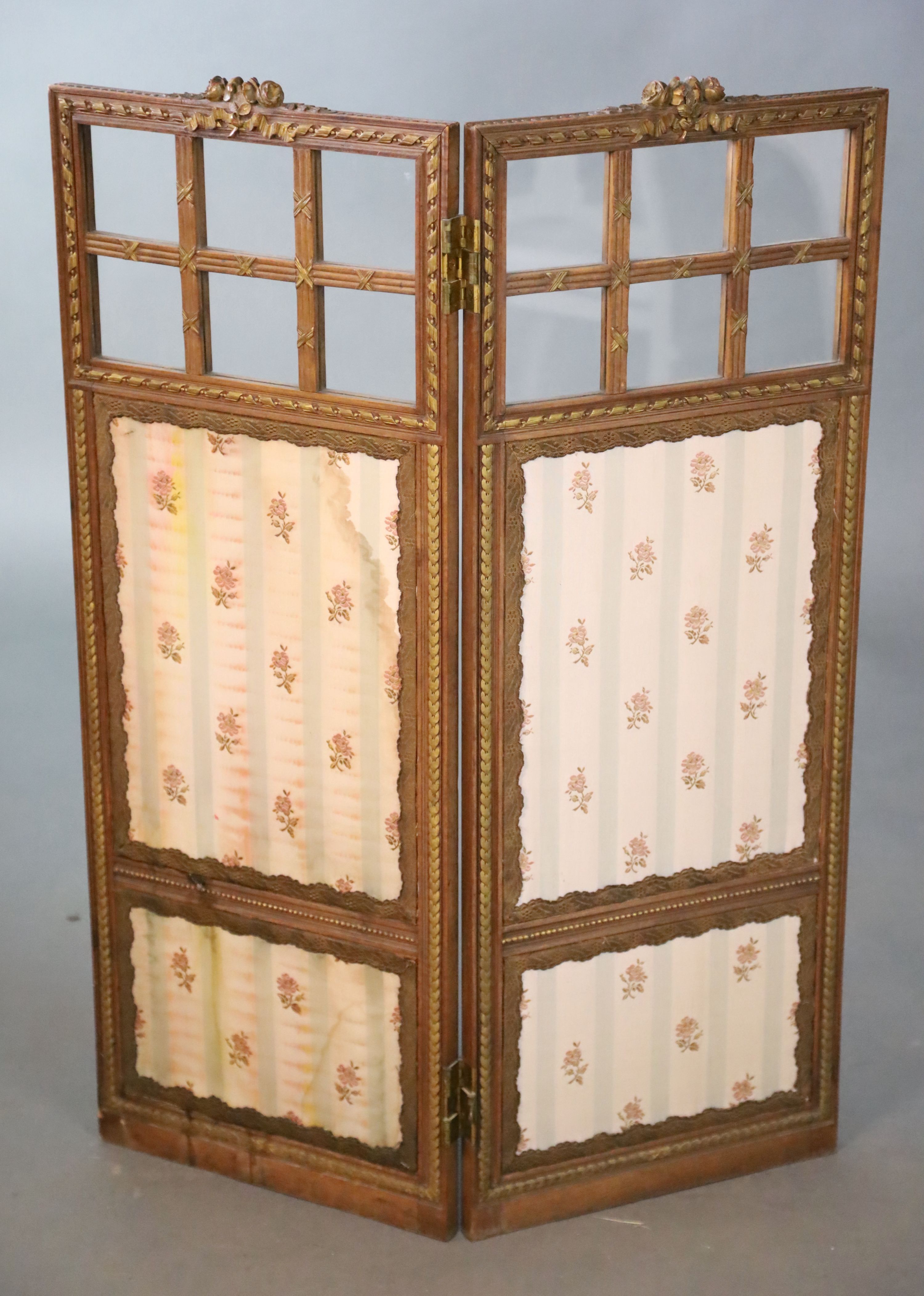 An Edwardian parcel gilt walnut dwarf two fold screen, W.35.5cm H.96.5cm